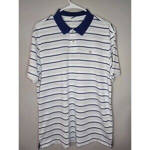 Izod Golf Polo Mens Medium Breathable Cool FX Blue/White Striped Top EUC BE